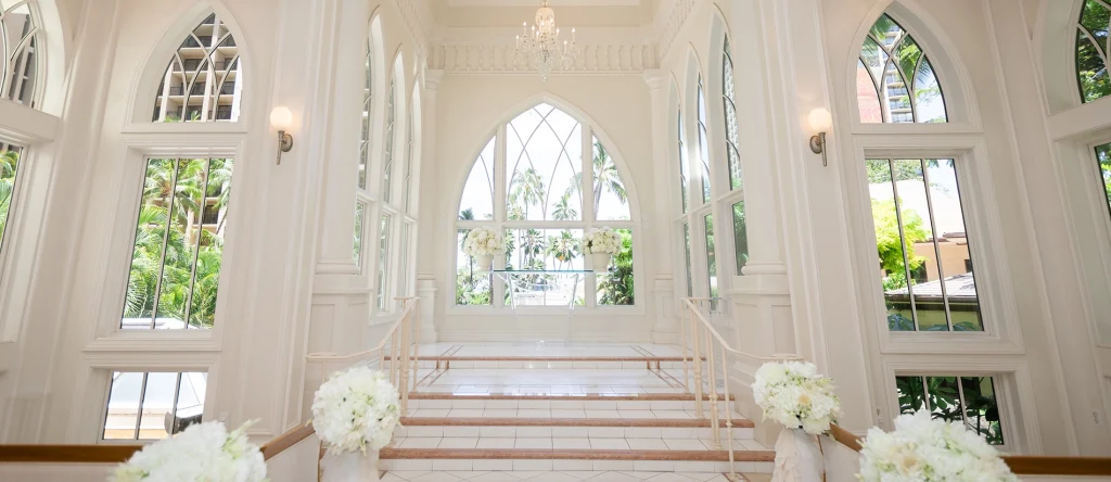 White chapel interior wedding venue