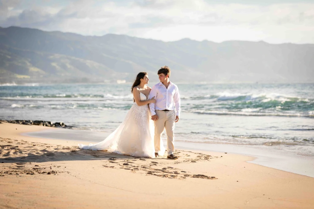 Bride and Groom at Papailoa Beach North Shore Hawaii