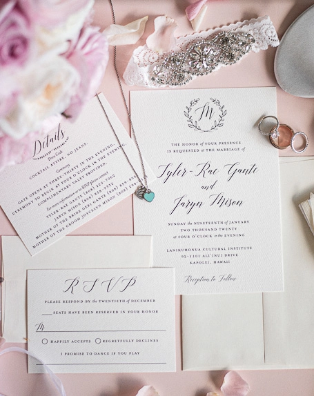Elegant wedding invitation flat lay