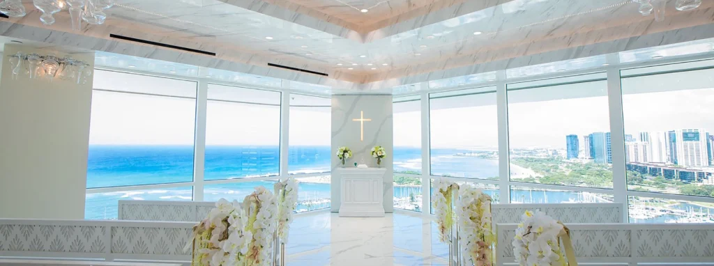 Ilikai wedding chapel with ocean view and elegant décor