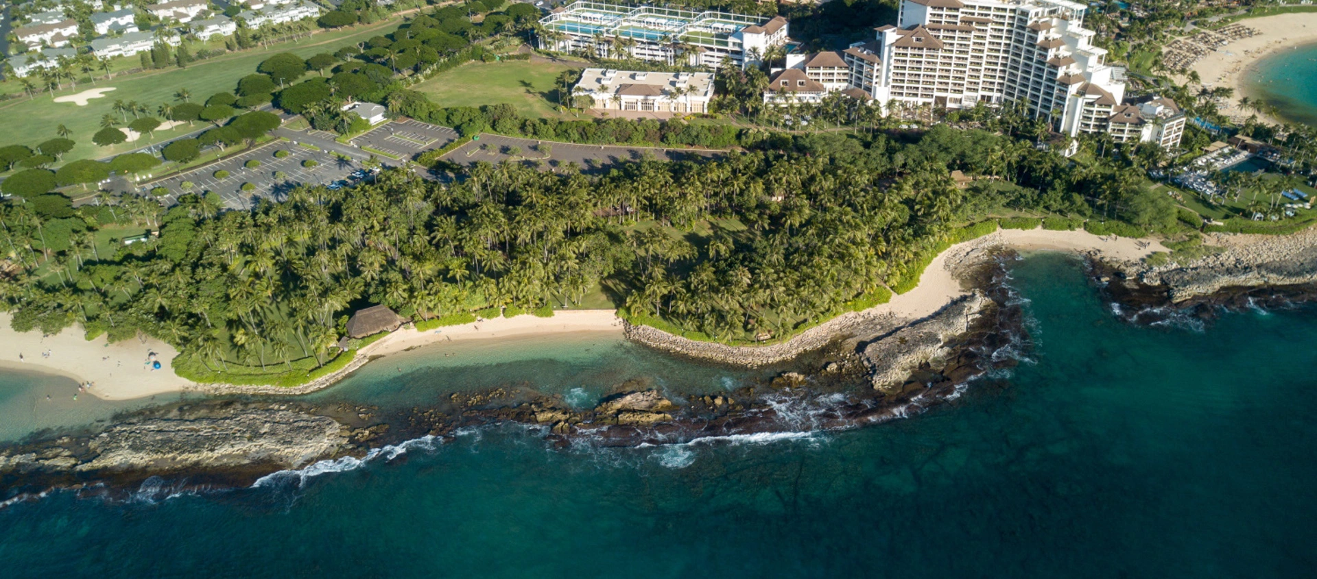 Aerial view of Lanikuhonua beach with palm trees and ocean